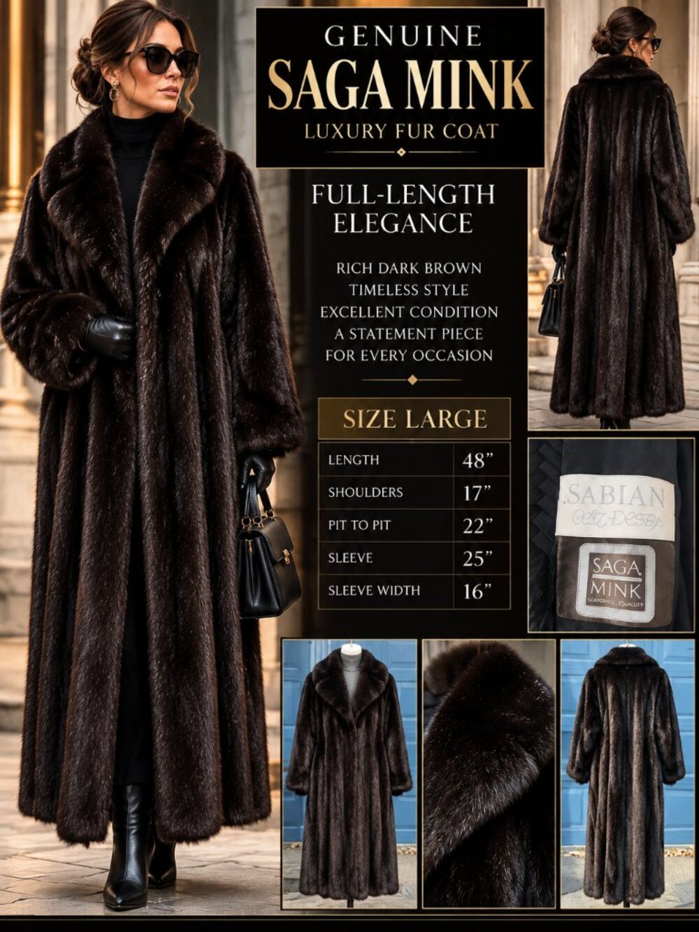 Genuine SAGA MINK Dark Brown Full Length Fur Coat Women's L 48" Luxury
